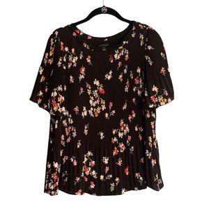 Ann Taylor Pleated Floral Short Sleeve Blouse Multi Color Sz Medium